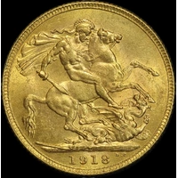 India (British) 1918 Gold Sovereign KM# 525a about Unc