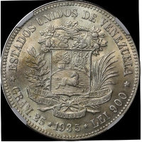 Venezuela 1935 Silver 5 Bolivares Y# 24.2 NGC MS64