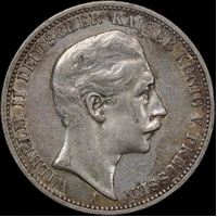 German States (Prussia) 1909-A Silver 3 Mark KM#527 good EF