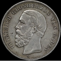 German States (Baden) 1898 Silver 5 Marks KM#268 Extremely Fine