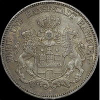 German States (Hamburg) 1908-J Silver 5 Marks KM#610 Extremely Fine