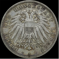 German States (Lubeck) 1909-A Silver 3 Mark KM#215 good EF