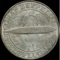 Germany (Weimar Republic) 1930-A Berlin Silver 3 Reichsmark Zeppelin about Unc