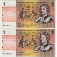 1968 $1 Note Consecutive Pair Coombs/Randall R72 about Uncirculated