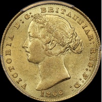 1866 Sydney Mint Type II Sovereign PCGS AU58