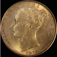 1871 Sydney Shield Sovereign WW Raised Unc (PCGS MS62)
