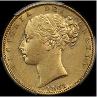 1883 Melbourne Shield Sovereign about Unc (PCGS AU58)