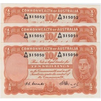 1949 Ten Shilling Consecutive Trio Coombs/Watt R14 Uncirculated