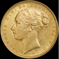 1884 Melbourne Young Head Sovereign about Unc