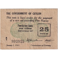 Ceylon 1942 Emergency 25 Cents Pick# 40 Very Fine