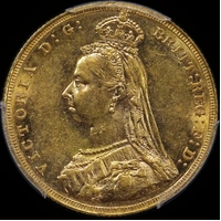 1887 Melbourne Jubilee Head Sovereign DISH M7 1st Obv Angled J PCGS AU58