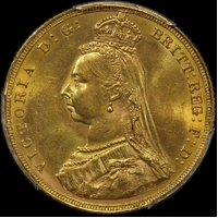 1887 Melbourne Jubilee Head Sovereign Dish M7 Unc (PCGS MS62)