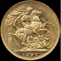 1897 Melbourne Veiled Head Sovereign about Unc