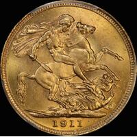 1911 Sydney George V Large Head Sovereign Choice Unc (PCGS MS64)