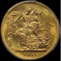 1911 Melbourne George V Large Head Sovereign Unc (PCGS MS62)