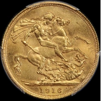 1916 Sydney George V Large Head Sovereign Choice Unc (PCGS MS64)