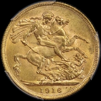 1916 Melbourne George V Large Head Sovereign Choice Unc (PCGS MS63)