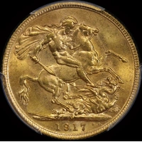 1917 Melbourne George V Large Head Sovereign Choice Unc (PCGS MS63)