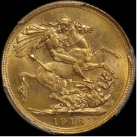 1918 Sydney George V Large Head Sovereign Choice Unc (PCGS MS63)