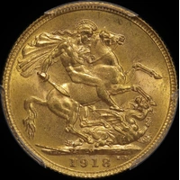 1918 Melbourne George V Large Head Sovereign Choice Unc (MS63)