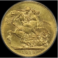 1918 Melbourne George V Large Head Sovereign ANACS MS62