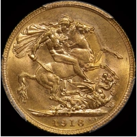 1918 Perth George V Large Head Sovereign Choice Unc (PCGS MS63)