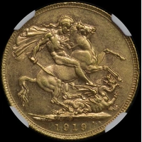 1919 Perth George V Large Head Sovereign Choice Unc (NGC MS64+)