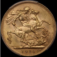 1920 Melbourne George V Large Head Sovereign Choice Unc (PCGS MS63)