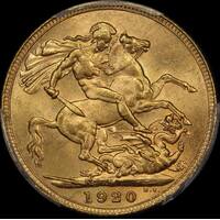 1920 Melbourne George V Large Head Sovereign Unc (PCGS MS62)