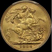 1924 Sydney George V Large Head Sovereign Unc (PCGS MS62)