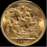 1924 Melbourne George V Large Head Sovereign Choice Unc (PCGS MS63)
