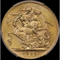 1925 Melbourne George V Large Head Sovereign Choice Unc (PCGS MS64)