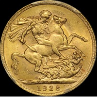 1928 Melbourne George V Large Head Sovereign Unc (PCGS MS62)