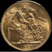 1928 Perth George V Large Head Sovereign Choice Unc (PCGS MS63)
