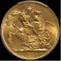 1928 Perth George V Large Head Sovereign Unc (PCGS MS62)