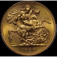 1930 Melbourne George V Small Head Sovereign Choice Unc (PCGS MS63)
