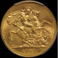 1931 Melbourne George V Small Head Sovereign Unc (PCGS MS62)