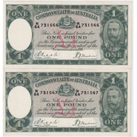 1933 One Pound Consecutive Pair Riddle/Sheehan R28 Uncirculated