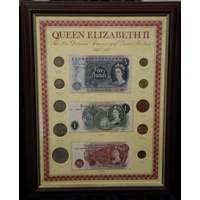Framed Set of British Coins and Banknotes ca 1967 Uncirculated