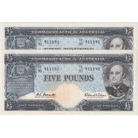 1960 Five Pound Pair Coombs/Wilson R50 good EF