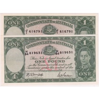 1942 One Pound Consecutive Pair Armitage/McFarlane R30A good Extremely Fine