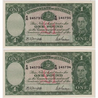 1942 One Pound Consecutive Pair Armitage/McFarlane R30A good EF