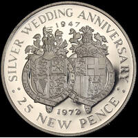 Gibraltar 1972 Silver 25 New Pence Uncirculated Coin KM# 6a Silver Wedding Anniversary