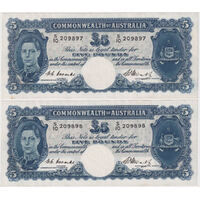 1949 Five Pound Consecutive Pair Coombs/Watt R47 Extremely Fine