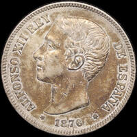 Spain 1876 Silver 5 Pesetas KM#671 good VF