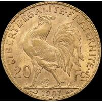 France 1907 Gold 20 Francs Rooster KM#857 Uncirculated