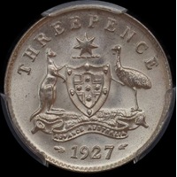 1927 Threepence Gem Unc (PCGS MS65)