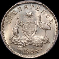 1934 Threepence Gem Unc (PCGS MS66)