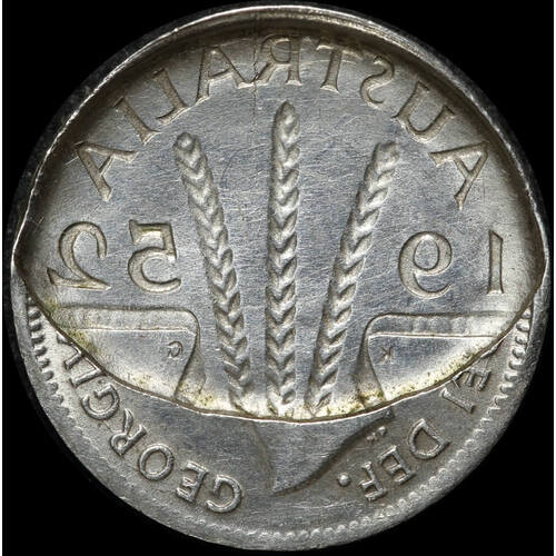 1952 Threepence Obverse Elliptical Brockage Error about Unc