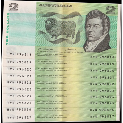 1976 $2 Note Consecutive Run of 10 OCR-B Serials Side Thread Knight/Wheeler R86C about Uncirculated